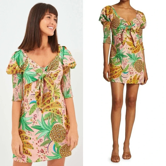 Farm Rio Pink Tropical Fruits Puff Sleeve Sweetheart Mini Dress XS - Picture 3 of 16